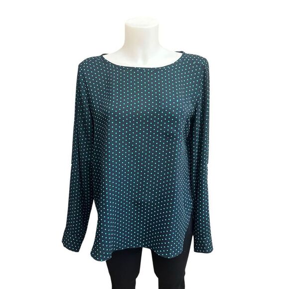 Ann Taylor Loft Navy Green Polka Dot Roll Tab‎ Chiffon Longsleeve Blouse Small - Picture 1 of 8